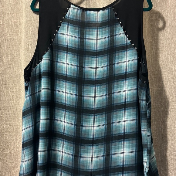 Torrid | Bluegreen and Black Plaid Studded Scoop Neck Top | Size 2 - Picture 3 of 10
